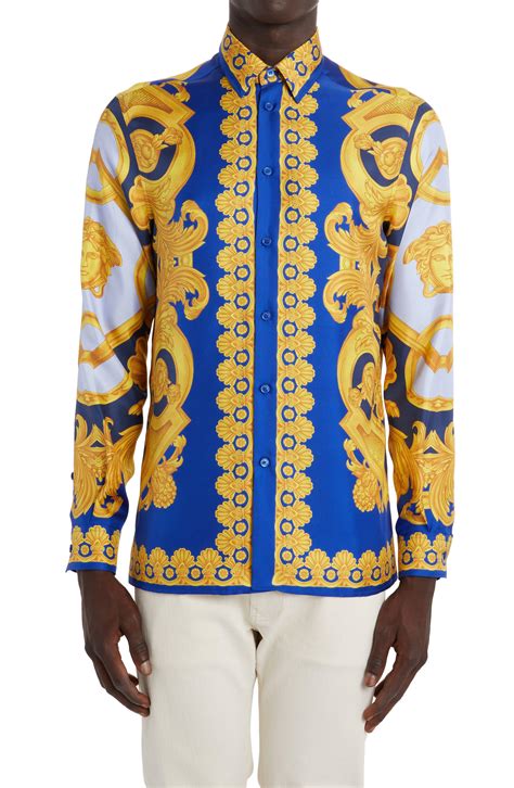 blue versace button up|Versace long sleeve shirt.